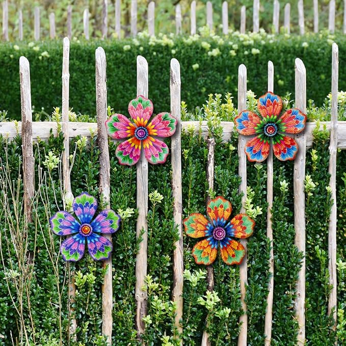 Giyyomtr Metal Flowers Wall Decor - 4pcs Metal Wall Art Hanging Decorations for Outdoor Fence Garden Yard Patio Decor