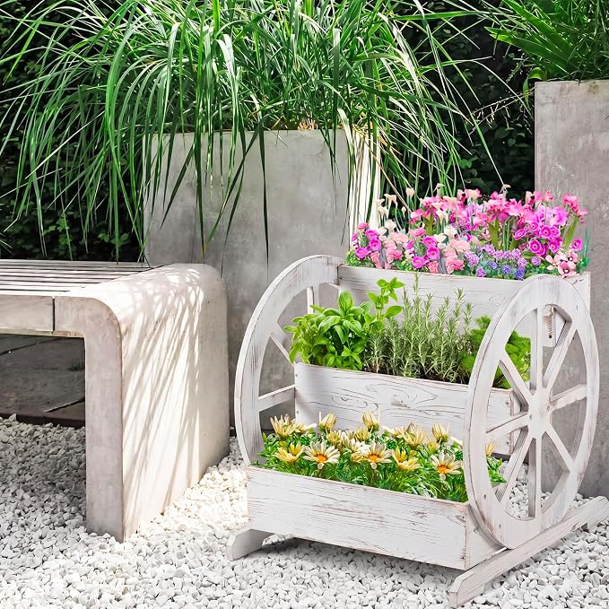 Beeveer Wooden Wagon Planter Box Garden Planter for Outside with Drainage Holes Decorative for Patio Garden Balcony Vegetables Flowers Herbs (Washed Antique White)