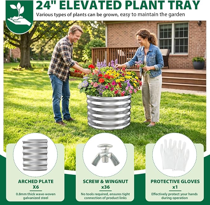 24" Diameter Round Raised Garden Bed - 17 Inch Tall, Heavy-Duty Galvanized Steel Planter Box with Wave-Shaped Panels for Vegetables, Herbs & Flowers (1, Silver, 24 Inch Diameter)