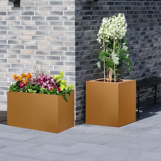 24"x24"x25" Corten Steel Planter Box, Rustic Metal Planter with Drainage Holes, Rust & Weather Resistant for Patio Garden Indoor Outdoor Commercial Use