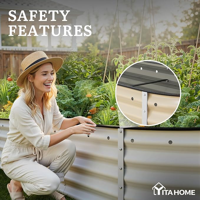 YITAHOME 8x2x1.5ft Galvanized Oval Raised Garden Bed, Metal Planter Box with Safety Rubber, Gloves, Outdoor Flower Bed for Planting Plants Vegetables, Cream Yellow