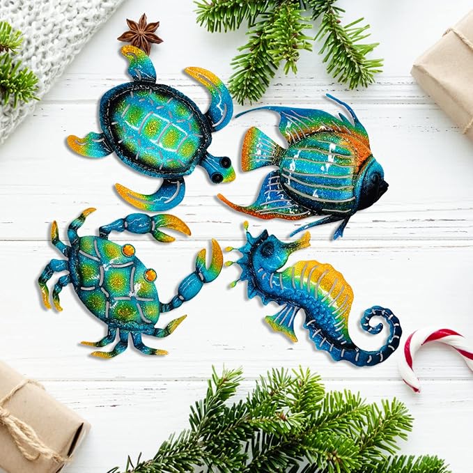 Meduofon Set of 4 Metal Outdoor Wall Art Decor, Blue Turtle Fish Crab and Seahorse Suitable for Beach Ocean Pool Decor, Metal Yard Fence Garden Children Room Bathroom Livingroom Wall Decoration
