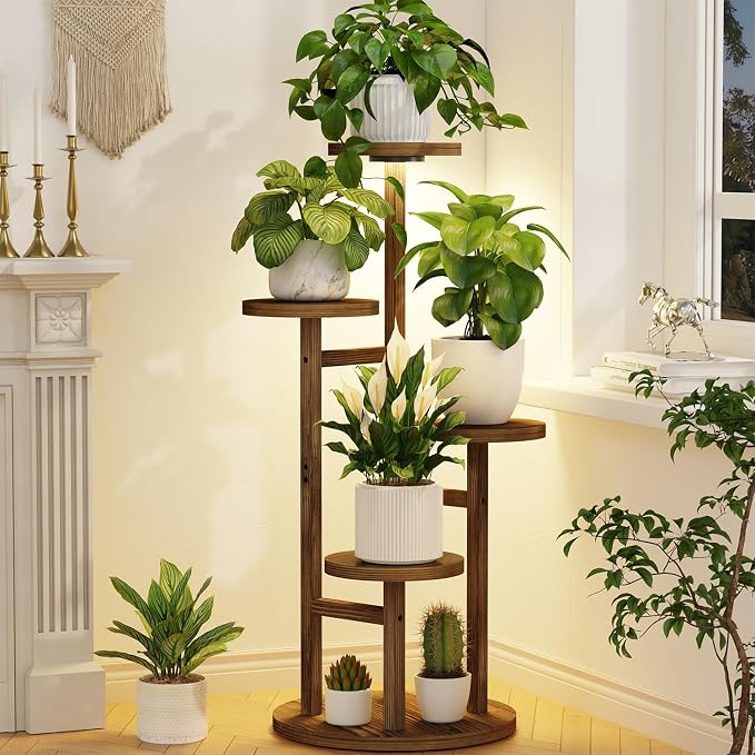 LASZOLA 4 Tiered Wood Plant Stand Indoor Corner with Grow Lights, Flower Holder Rack Tall for Multiple Plants, Rustic Planter Shelf Display for Patio Garden Balcony Living Room, Brown