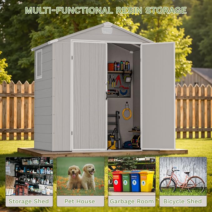 Greesum 6x4FT Plastic Outdoor Storage Shed with Floor, Resin Sheds with Lockable Double Door, Tool Sheds with Window & Vents, for Garden, Yard, Patio, Light Gray