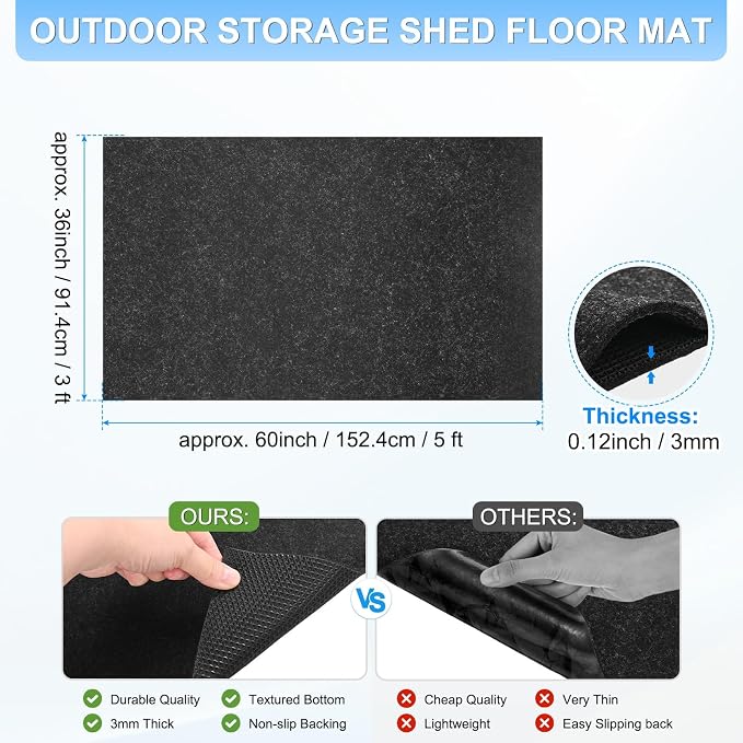 M METERXITY 3 mm Thickened Outdoor Storage Shed Mat, 3x5 ft Waterproof Shed Flooring Mat for Patio Furniture Floor Protecting from Wear/Liquid/Dust/Oil, Non-Slip Felt Rubber Rug Pad [Grey]