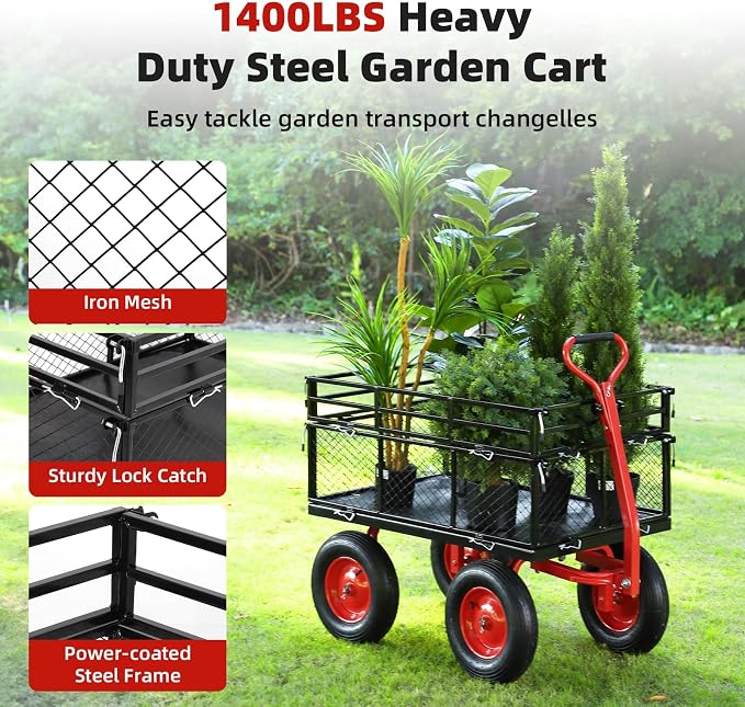 GarveeHome 1400Lbs Heavy Duty Steel Garden Cart, Garden Wagon Cart on Wheels, Metal Yard Utility Wagon with Removable Mesh Sides, 2-in-1 180° Rotating Handle and 16 Inch Wheels for Garden, Farm, Yard