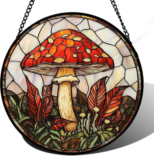 DASTOLL Stained Glass Window Hanging, Big Red Mushroom Suncatcher for Doors Home Sun Catchers Decoration and Christmas, Mother's Day Birthday Gifts for Women, Men, and Mom 14.9x14.9 in