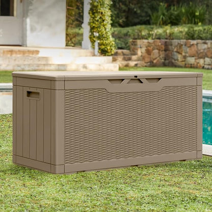 Greesum 100 Gallon Resin Patio Storage Box for Garden Tools, Outdoor Furniture Cushions, Pool Supplies, Coffee
