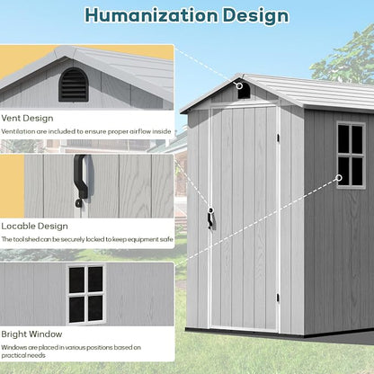 Greesum 4x6FT Plastic Storage Shed with Floor, Resin Outdoor Storaged Sheds with Lockable Door, All Weather Tool Shed with Window and Vent, Easy Assembly for Garden, Patio, Yard, Light Gray