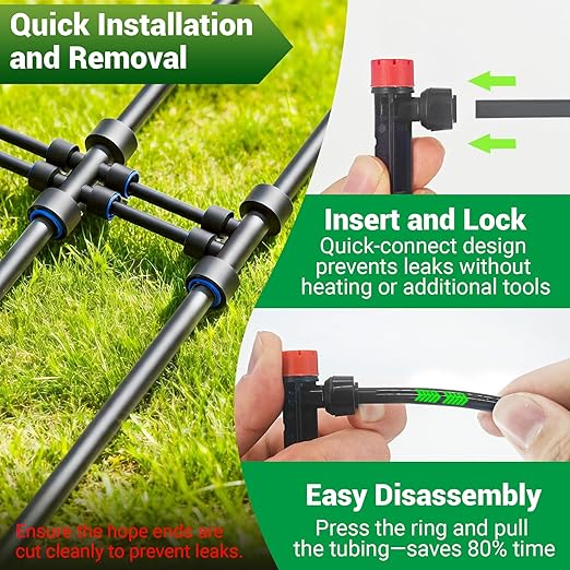 230FT Drip Irrigation Kit with 34 Emitters, 3 Spray Types, Push-Fit System | Extra long irrigation system with 3 adjustable water-saving misting nozzles for watering of large garden areas, leak-free