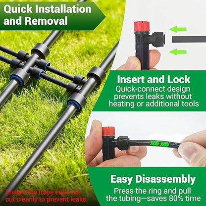 230FT Drip Irrigation Kit with 34 Emitters, 3 Spray Types, Push-Fit System | Extra long irrigation system with 3 adjustable water-saving misting nozzles for watering of large garden areas, leak-free