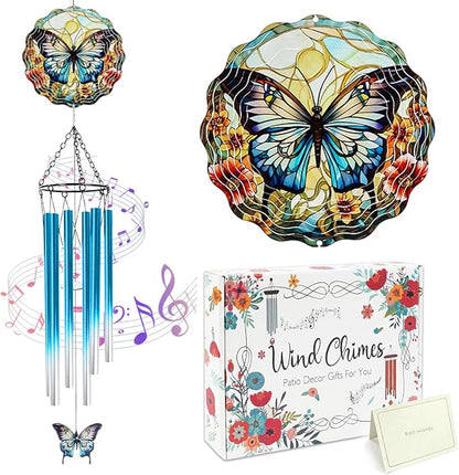 Butterfly Wind Spinner Chimes Outdoor - Hanging Garden Decor with Spinning Butterfly, Metal Wind Chimes for Patio, Yard, Backyard - Birthday Housewarming Gifts for Women/Mom/Grandma