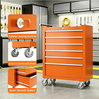 Garvee Rolling Tool Chest, 6 Drawers Tool Storage Cabinet, Toolbox with Wheels, Portable Tool Cabinet Organizer with Locking System & Drawer Liners, Tool Storage Cart for Garage, Workshop, Orange