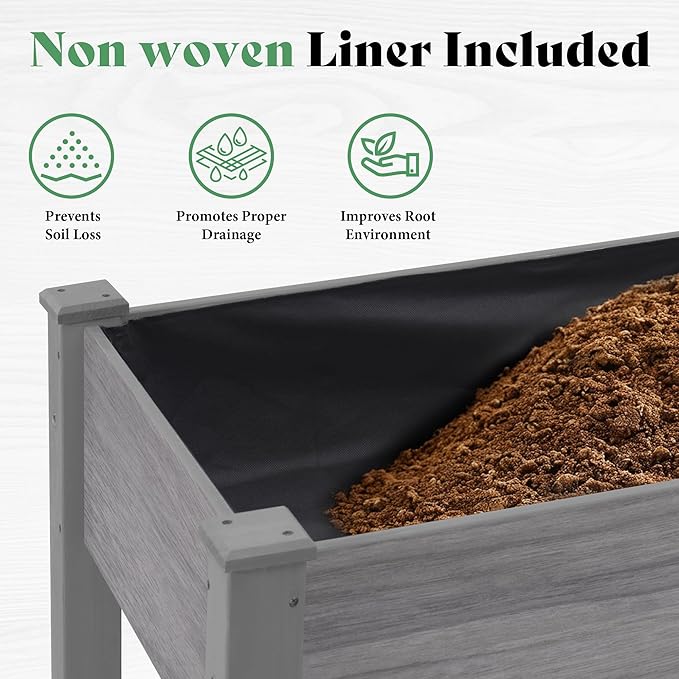 AMERLIFE Raised Garden Bed, 48x30x24 Inches Elevated Wood Planter Box with Legs, Bed Liner, Divider and Drainage Holes for Backyard, Patio, 200 lb Capacity - Grey
