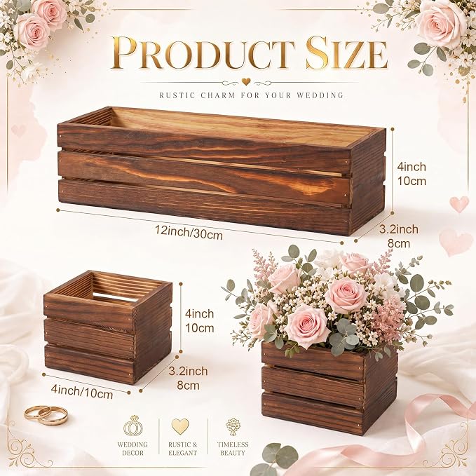Leinuosen 12 Wooden Planter Boxes Set, 4 Pcs 12 x 4 Inch Rectangle Wood Planter Box 8 Pcs 4 x 4 Inch Wooden Cube Flower Pots Rustic Square Wood Vase for Centerpiece Wedding Decoration (Striped,Brown)