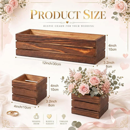 Leinuosen 12 Wooden Planter Boxes Set, 4 Pcs 12 x 4 Inch Rectangle Wood Planter Box 8 Pcs 4 x 4 Inch Wooden Cube Flower Pots Rustic Square Wood Vase for Centerpiece Wedding Decoration (Striped,Brown)