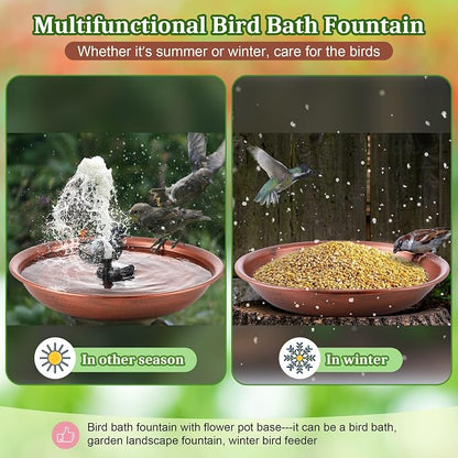 Bird Bath Fountain for Outside, 13.5" Garden Metal Bird Bath Bowl with 8W Pump, 2 Nozzles Adjustable Water Fountain for Backyard Patio Garden and Outdoor Water Features (Standing)