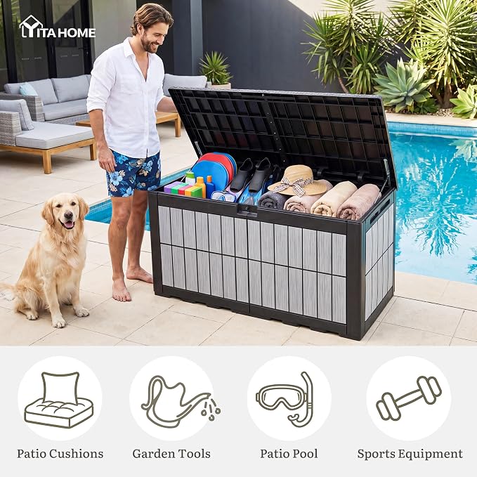 YITAHOME 134 Gallon Large Deck Box | Waterproof Resin Outdoor Storage Box with Lock, Doubles as Bench Seating for Patio Furniture Cushions,Garden Tools & Pool