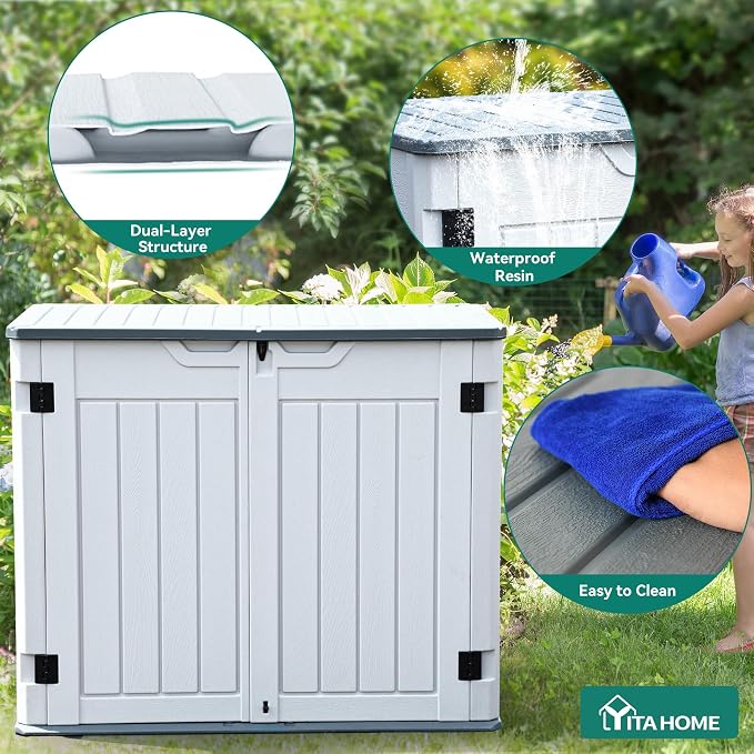 YITAHOME Outdoor Resin Storage Sheds | 39 in Height Lockable Waterproof Horizontal Shed w/o Shelf, Easy to Assemble Shed Storage for Garden Tools, Light Gray