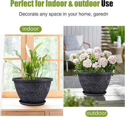 Nooulap 4 Pack 10 Inch Flower Pots for Outdoor Indoor, Plastic Plant Pots with Drainage Hole & Saucer, Lightweight Small Resin Flower Pot, Outdoor Planters Imitation Magnolia for Garden House（Gray）
