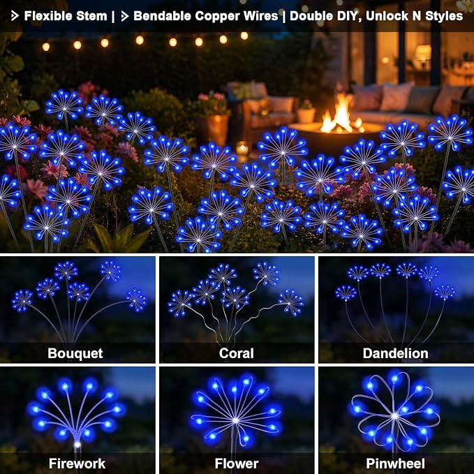 Solar Garden Lights Outdoor, Upgraded Solar Swaying Starburst Light Waterproof with 2 Modes, Solar Fairy Firework Lights for Yard Patio Pathway Flowerbed Balcony Garden Decoration (Blue, 2 Pack)