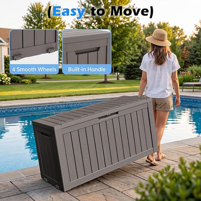 Outdoor Storage Box, 82 Gallon Resin Deck Boxes Outdoor Waterproof For Patio Furniture, Garden Tools, Pool Supplies, Lockable And UV Resistant (Striped Gray)