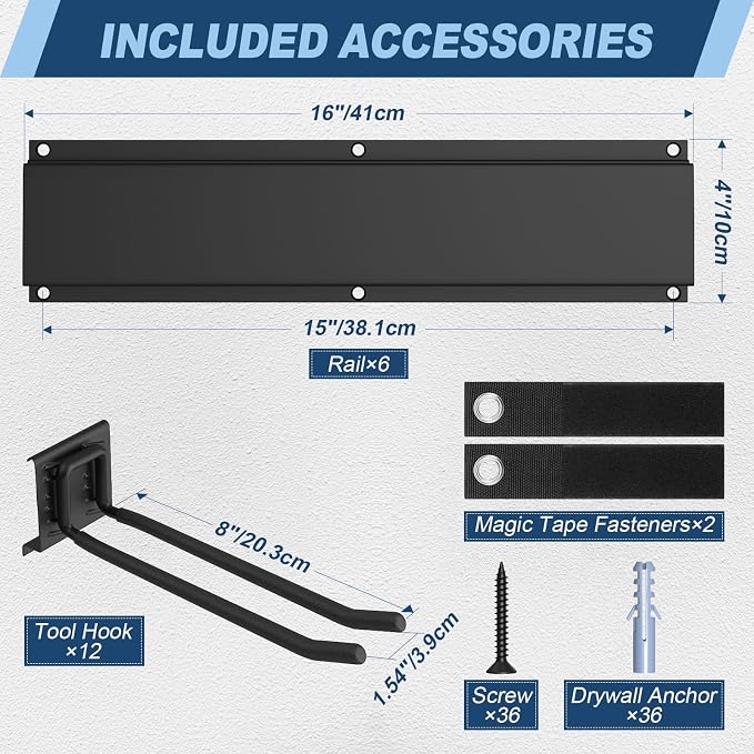 Housolution Heavy Duty Garage Wall Organizer 96 Inch - 20Pack Carries 720 lbs, Garage Tool Storage System, 6 Rails with 12 Adjustable Metal Hooks, Garden Yard Shed Rack for Rake Broom Mop Snowboard