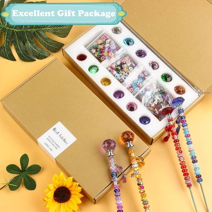 UFU 310Pcs DIY Fairy Wand Beaded Garden Stakes Kit, Decorative Garden Stakes with Colorful Crystal Pendants, Outdoor Fairy Garden Accessories, Beadable Items for Decor, Gifts & Craft (10 & 12 in)