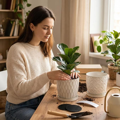 Nihow Ceramic Plant Pots with Drainage Hole & Saucer, 4.75 Inch, White-1 | Small,Embossed Design, For Succulent, Cactus, Little Snake, Indoor Plants