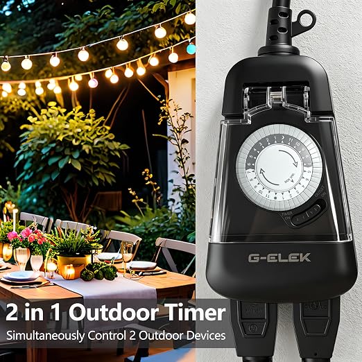 G-ELEK Mini Compact Outdoor Mechanical Timer Outlet Weatherproof, 24 Hour 30 Minute Interval, 2 Grounded 3 Prong Outlets, Space Saving Waterproof Plug in Timer for Lights Holiday Decor, 15A ETL Listed