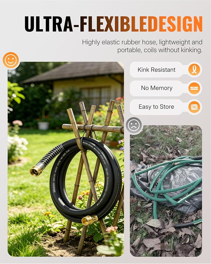 Heavy Duty Rubber Garden Hose 15FT x 5/8", Flexible Water Hose with 360° Swivel Brass Fittings, 300 PSI Working, 1000 PSI Burst, All Weather Outdoor Hose for Irrigation, Black B15GH06