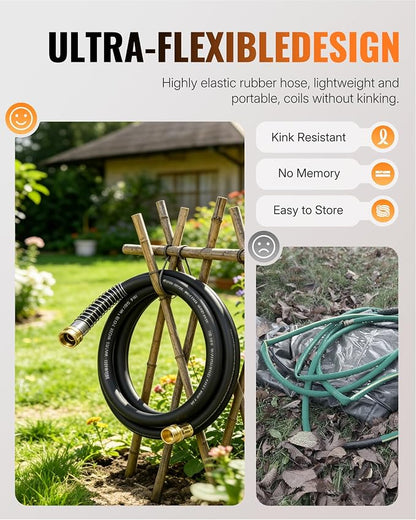 Heavy Duty Rubber Garden Hose 15FT x 5/8", Flexible Water Hose with 360° Swivel Brass Fittings, 300 PSI Working, 1000 PSI Burst, All Weather Outdoor Hose for Irrigation, Black B15GH06