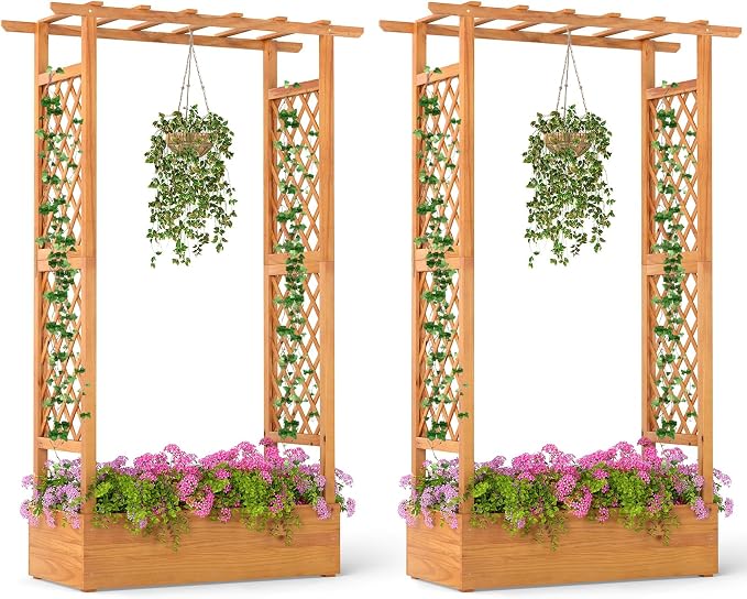 S AFSTAR 2 Pieces Wooden Raised Garden Bed with Trellis, 70" Elevated Planter Box with Hanging Roof & Open-Ended Base for Climbing Vine Flower Herb Vegetable, Outdoor Plant Container for Patio & Yard