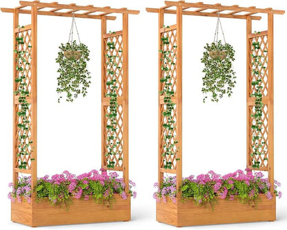 S AFSTAR 2 Pieces Wooden Raised Garden Bed with Trellis, 70" Elevated Planter Box with Hanging Roof & Open-Ended Base for Climbing Vine Flower Herb Vegetable, Outdoor Plant Container for Patio & Yard