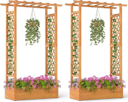 S AFSTAR 2 Pieces Wooden Raised Garden Bed with Trellis, 70" Elevated Planter Box with Hanging Roof & Open-Ended Base for Climbing Vine Flower Herb Vegetable, Outdoor Plant Container for Patio & Yard