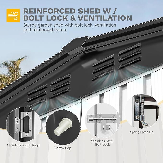 DWVO 7x5FT Outdoor Storage Shelter, Roomy Steel Tool Shed with Secure Entrances & Air Circulation for Patio, Lawn, and Backyard, Ideal for Storing Garden Gear, Lawn Tools, and Bikes, White