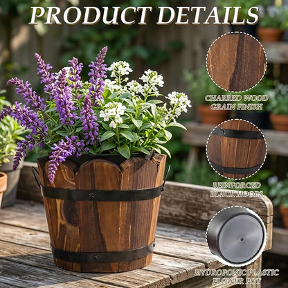 Max Shape Whiskey Barrel Planter,Wood Plant Pots,Plastic Liner,Floral Foam | 3 in 1 Rustic Wood Plant Pots with Removable Plastic Liner & Floral Foam