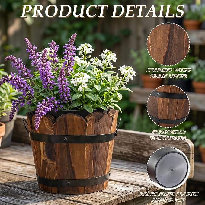 Max Shape Whiskey Barrel Planter, Rustic Wood Plant Pots with Removable Plastic Liner & Floral Foam, Planters for Wedding Table Centerpiece, Farmhouse Home Garden Kitchen Party 4.7x3.5x3.9 (6 Pack)