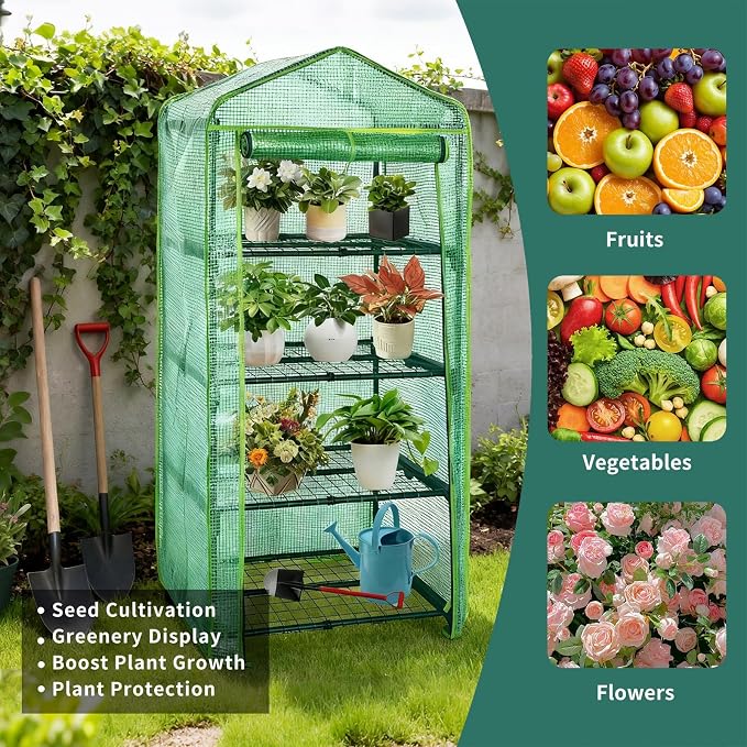 4 Tier Mini Indoor Greenhouse,27"x19"x62" Greenhouse for Indoors&greenhouses for Outdoors with PE Cover and Roll-Up Zipper Door