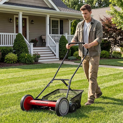 Goplus 18 Inch Push Reel Lawn Mower, 5-Blade Manganese Steel Manual Grass Cutter, 4-Position Adjustable Height, Removable Grass Catcher, Quiet No-Motor Walk-Behind Mower for Yard, Lightweight