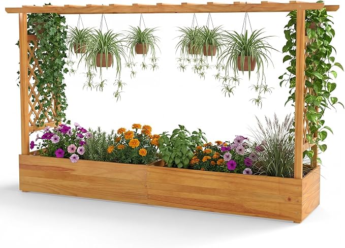 Happygrill 45" Raised Garden Bed with Trellis, Wood Planter Box w/Hanging Roof, 2 Side Trellises, Open-Ended Base for Flower, Climbing Plant, Plant Container for Garden