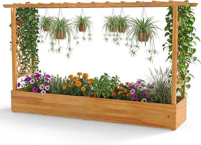 Happygrill 45" Raised Garden Bed with Trellis, Wood Planter Box w/Hanging Roof, 2 Side Trellises, Open-Ended Base for Flower, Climbing Plant, Plant Container for Garden
