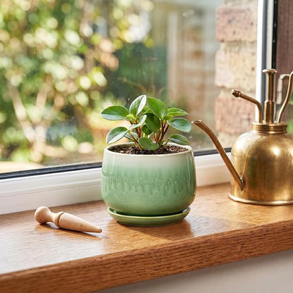 Ceramic Plant Pots - 4 Inch Pots for Plants with Drainage Hole and Saucer, Small Succulent Pot for Indoor Plants, Round Ceramic Planter, Home Office Decor, House Warming Gifts, Green