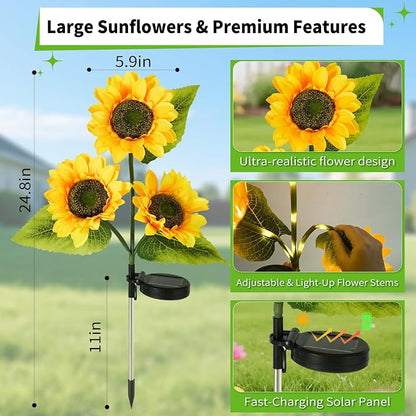 6-Pack Solar Sunflower Garden Lights Outdoor 18 LED Flowers - Waterproof Long-Lasting Solar Patio Lights, Outdoor Decor for Lawn, Yard