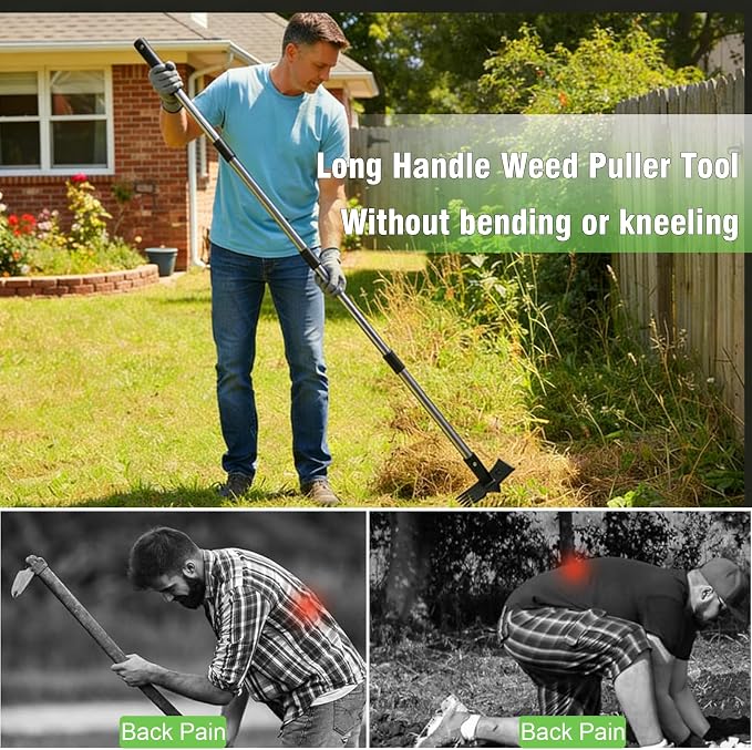 Weed Puller Tool 3 in 1 Garden Hoe & Rake, Heavy Duty Weeding Tool with Stainless Steel Long Handle, Weeder Remover Tool for Garden Yard Lawn Patio Farm, Digging, Edging