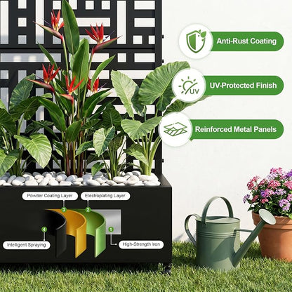 Casaphoria Metal Raised Garden Bed with Trellis and Wheels, 72"x47"x16" Planter Box for Climbing Plants, Vegetables & Vines, Features Drainage Holes and Privacy Screen (Black-Helen)