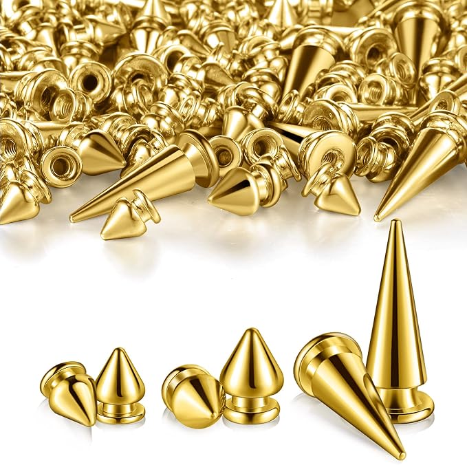 170 Pieces Multiple Sizes Cone Spikes Screwback Studs Rivets Large Medium Small Metal Tree Spikes Studs for Punk Style Clothing Accessories DIY Craft Decoration (Golden)