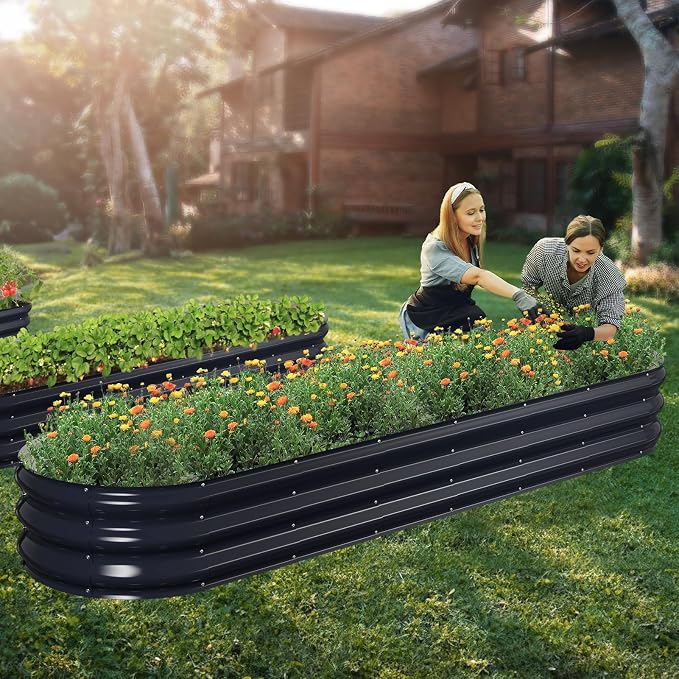 Winpull Raised Garden Bed Kit, 8x2x1 ft Galvanized Planter Box Outdoor, Oval Large Metal Raised Beds for Gardening Vegetables Flower Herb (Navy Blue)