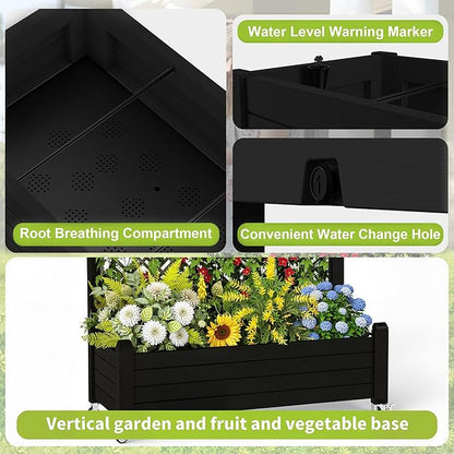 PatioZen Raised Garden Bed with Trellis, 21 Gallon Self Watering Planter Box with Lockable Wheels & Drainage Holes for Climbing Plants Vegetables Flowers, Anti-Rust Resin for Backyard Patio (Black)