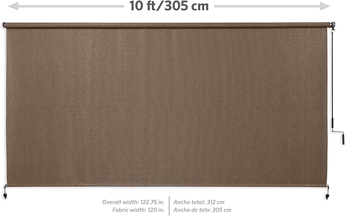 Coolaroo Outdoor Roller Shade with Wand - 95% UV Block Breathable Light Filtering Shade for Patio or Porch, Fade-Resistant, Easy-Clean Fabric, 10ft x 8ft, Walnut